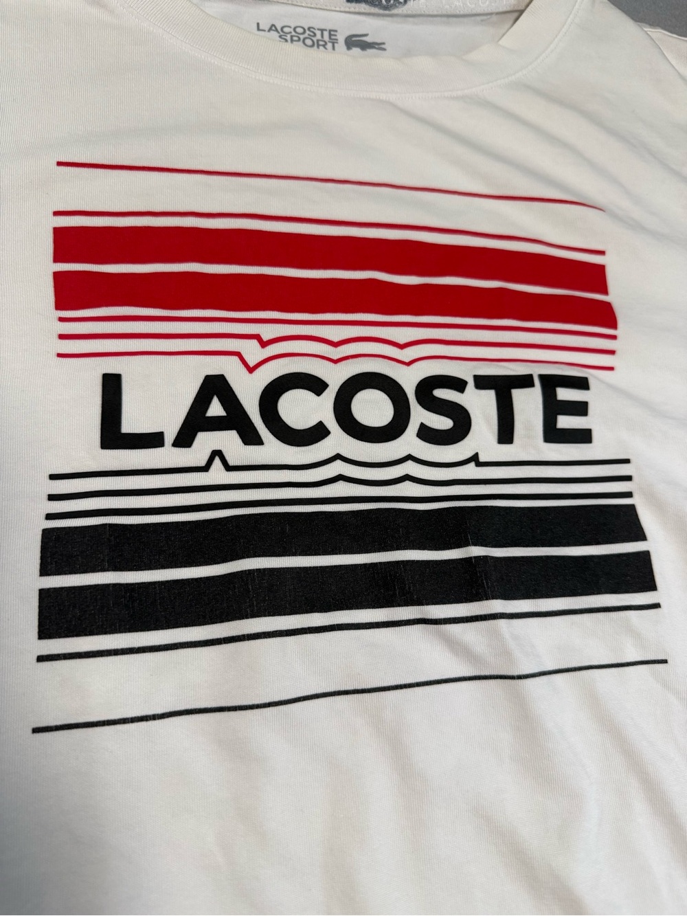 Lacoste White Tee with Red and Black Striped Graphic - Picture 2 of 5